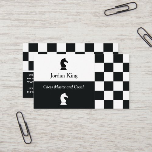 Minimalist Black and White Checkered Chess Coach Business Card