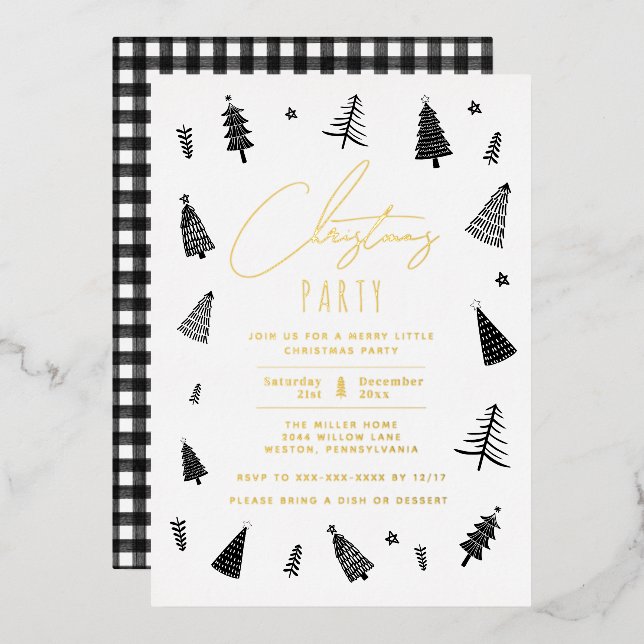 Minimalist Black and White Christmas Party  Foil Invitation (Front/Back)