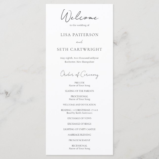 Minimalist Black and White Classic Wedding Program (Front)