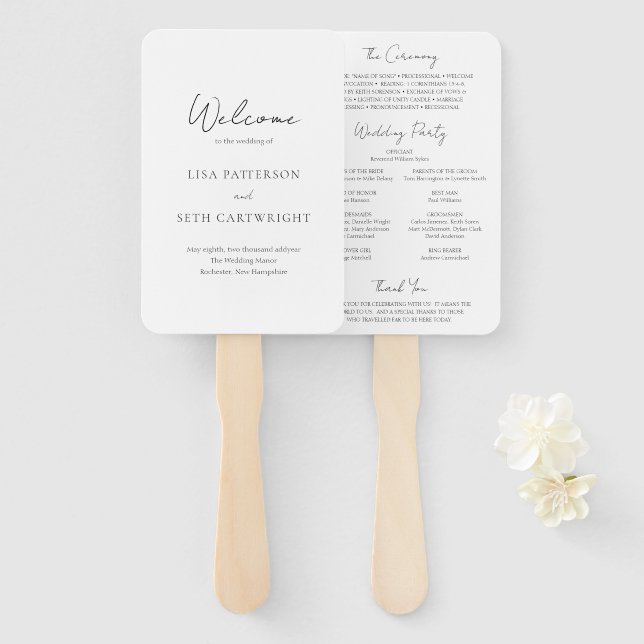 Minimalist Black and White Classic Wedding Program Hand Fan (Front and Back)