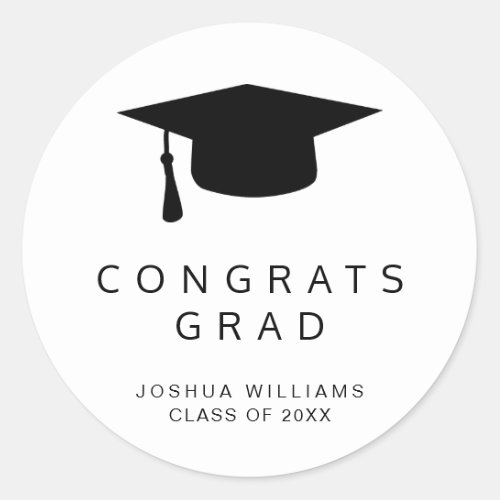 Minimalist Black and White Congrats Graduation Cap Classic Round Sticker