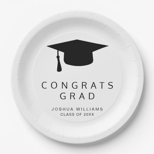 Minimalist Black and White Congrats Graduation Cap Paper Plates (Front)