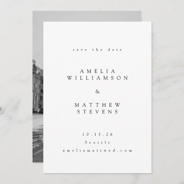 Minimalist Black and White Couple Photo Wedding Save The Date (Front/Back)