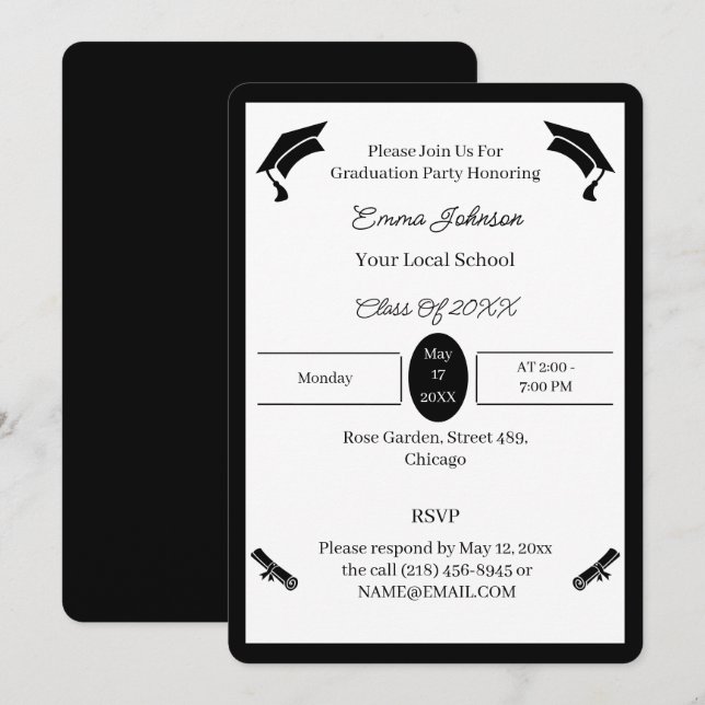 Minimalist Black And White Custom Graduation Invitation (Front/Back)