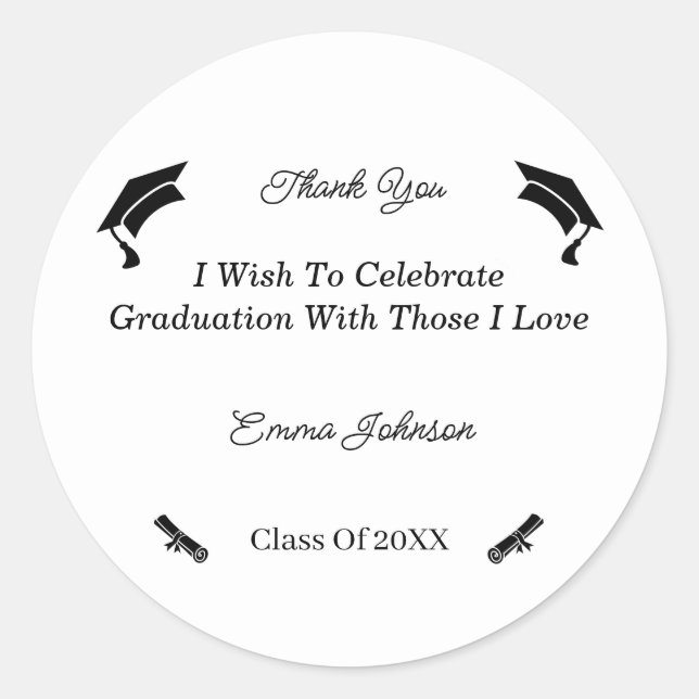 Minimalist Black And White Customized Graduation Classic Round Sticker (Front)