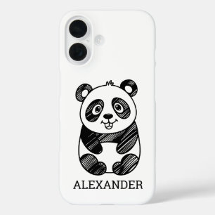 Minimalist Black and White Cute Panda Drawing iPhone 16 Case