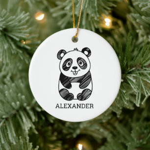Minimalist Black and White Cute Panda Drawing Ceramic Ornament