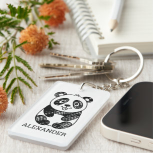 Minimalist Black and White Cute Panda Drawing Keychain