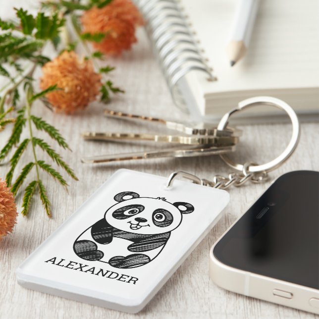 Minimalist Black and White Cute Panda Drawing  Keychain (Front Right)
