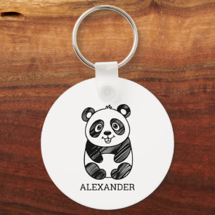 Minimalist Black and White Cute Panda Drawing Keychain