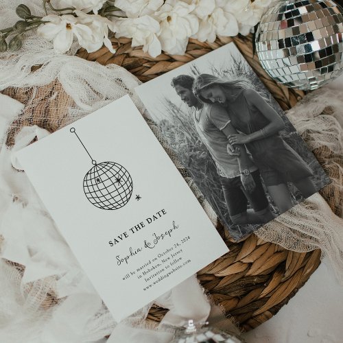 Minimalist Black and White Disco Ball with Photo Save The Date