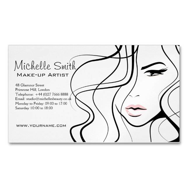 Minimalist Black and White Elegant Feminine Makeup Business Card Magnet (Front)