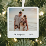 Minimalist Black and White Family Photo Christmas Metal Ornament<br><div class="desc">Minimalist style Christmas Ornament featuring a simple design with a photo of your family along with your family name and the year in a handwriting script.  The back has a second picture.  This modern and elegant holiday ornament makes a great gift for loved ones.</div>