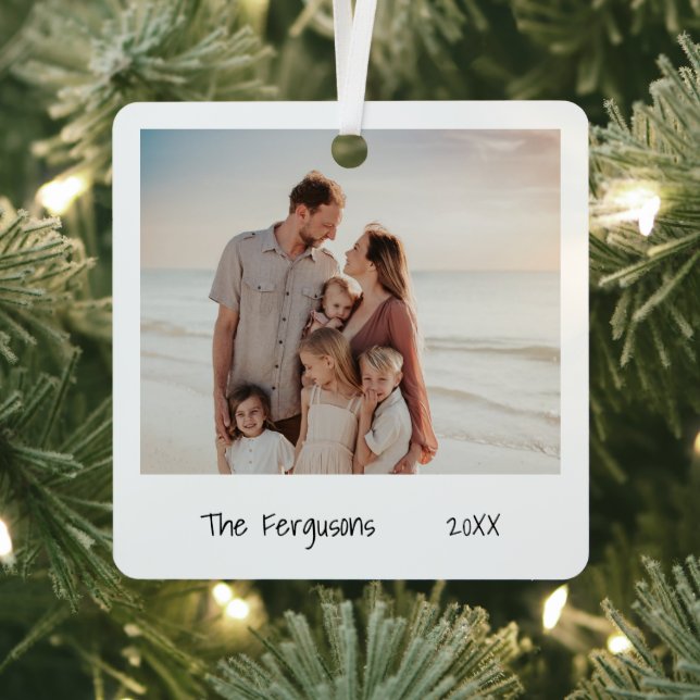 Minimalist Black and White Family Photo Christmas Metal Ornament (Insitu)