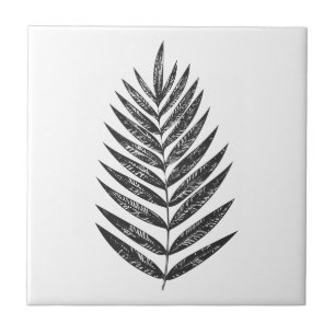 Minimalist Black and White Fern Drawing Ceramic Tile