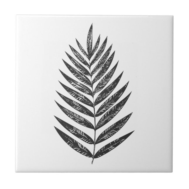 Minimalist Black and White Fern Drawing Ceramic Tile (Front)