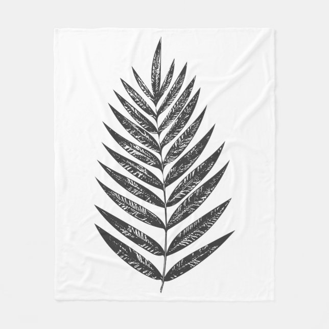 Minimalist Black and White Fern Drawing Fleece Blanket (Front)