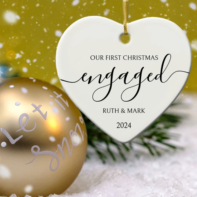 Minimalist Black and White First Christmas Engaged Ceramic Ornament (Creator Uploaded)