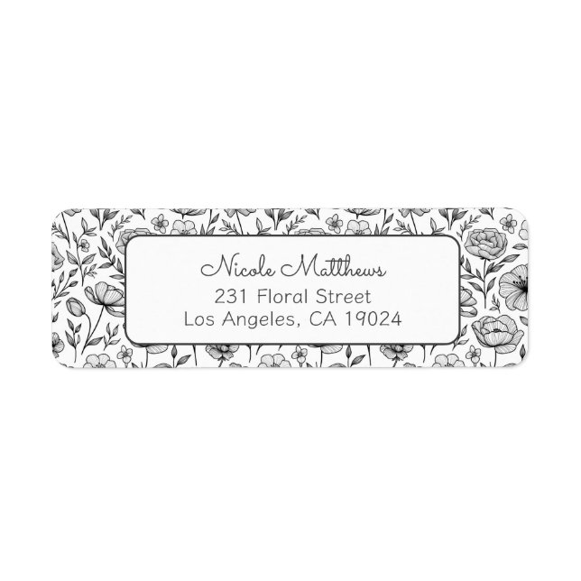 Minimalist Black and White Floral Return Address Label (Front)