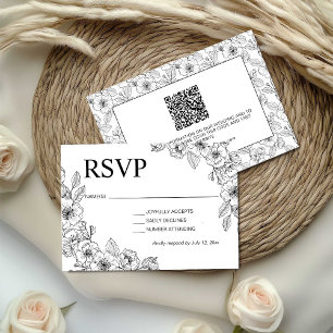 Minimalist Black and White Floral RSVP Card