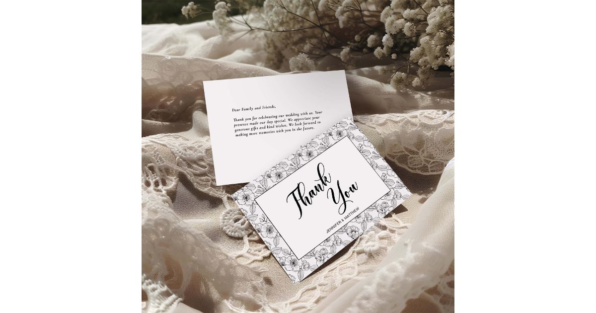 Minimalist Black and White Floral Thank You Card | Zazzle