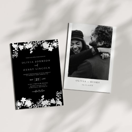 Minimalist Black and White Floral Wedding Photo Invitation