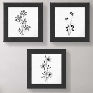 Minimalist black and white flower drawings wall art sets