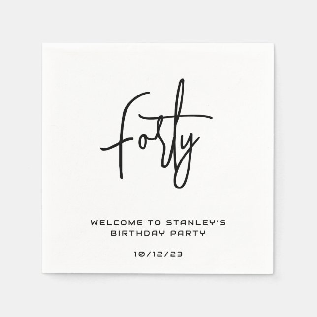 Minimalist Black and White Forty Birthday Party Napkins (Front)