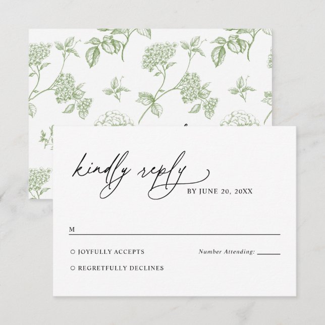 Minimalist Black and White Green Wedding RSVP Card (Front/Back)