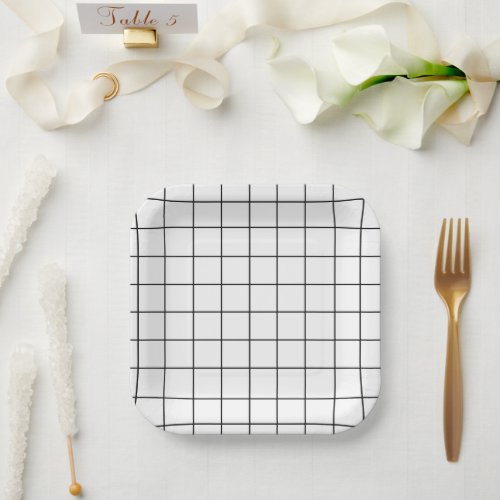 Minimalist Black And White Grid Paper Plates