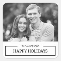 Minimalist Black and White Happy Holidays Photo Square Sticker