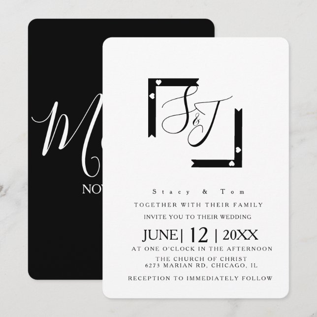 Minimalist Black and White Heart Bar Wedding Suite Invitation (Front/Back)