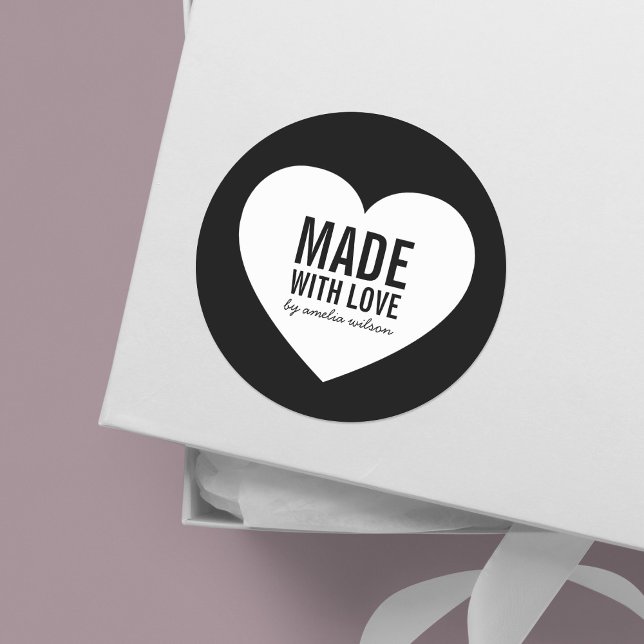 Minimalist Black and White Heart Made with Love Classic Round Sticker (Creator Uploaded)