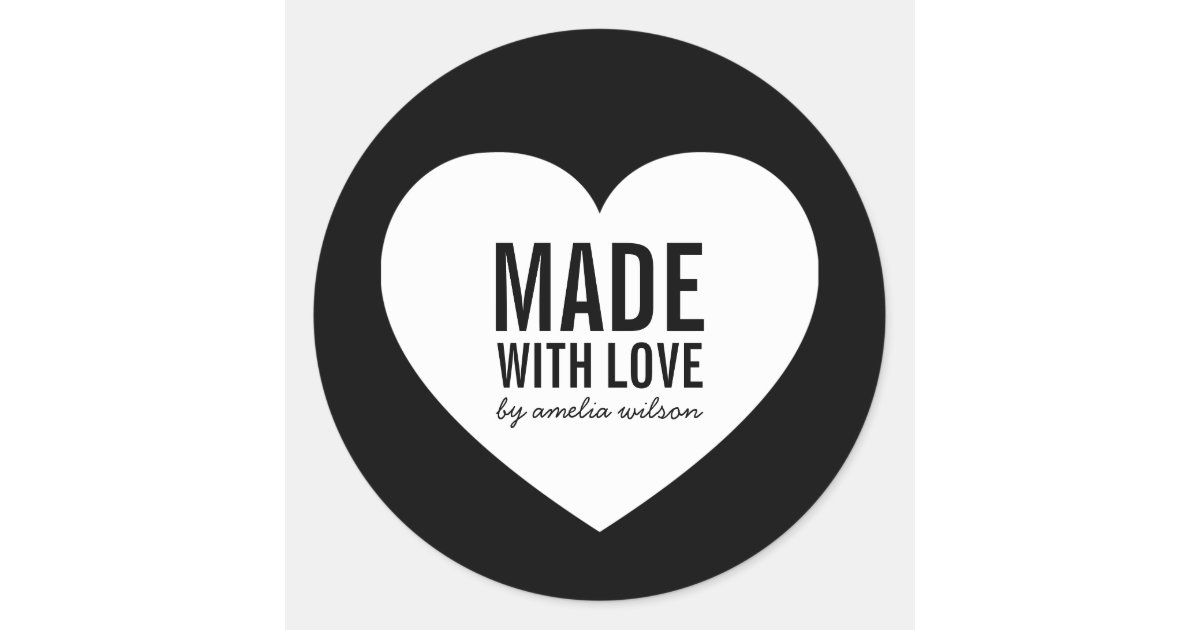 Minimalist Black and White Heart Made with Love Classic Round Sticker ...