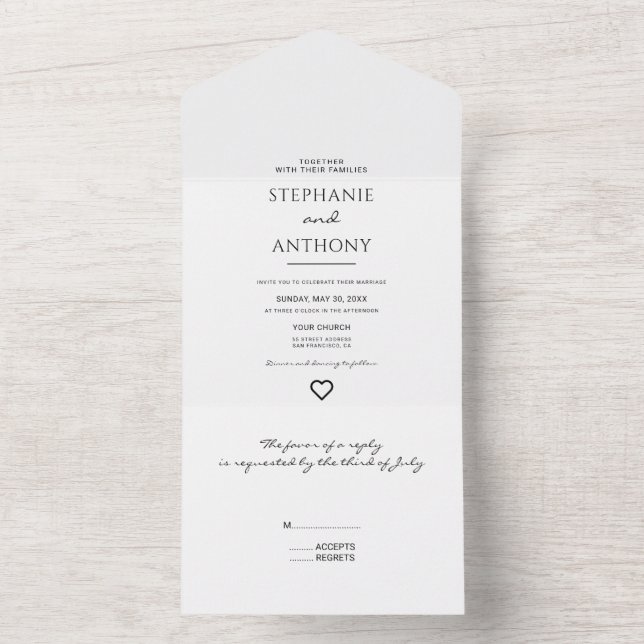 Minimalist Black And White Heart Modern Wedding  All In One Invitation (Inside)