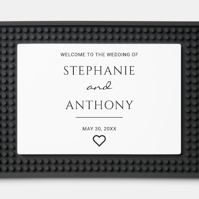 Minimalist Black And White Heart Modern Wedding  Bar Mat (Front (Close Up))