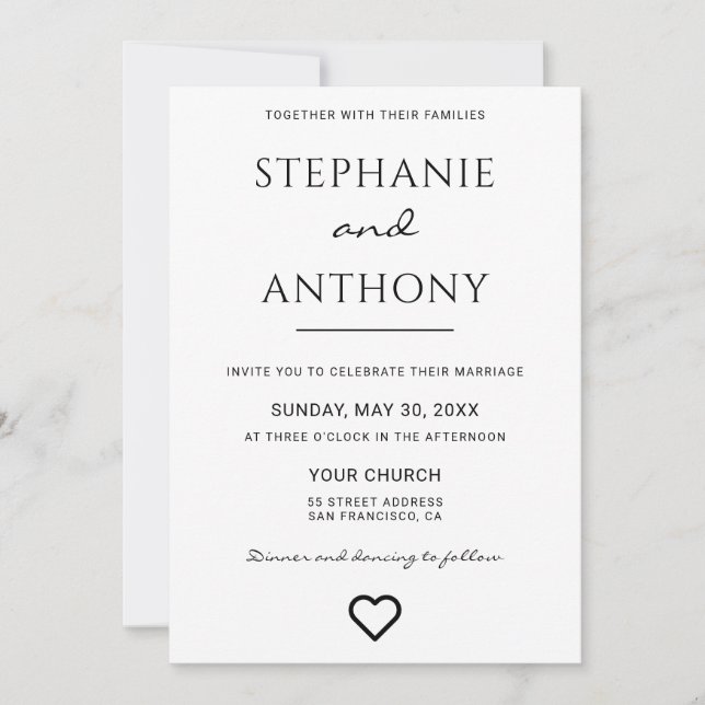 Minimalist Black And White Heart Modern Wedding  Invitation (Front)
