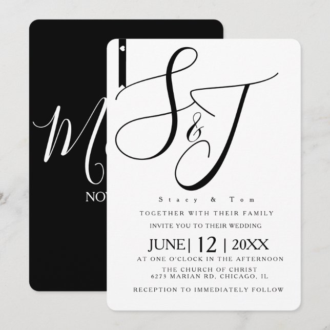 Minimalist Black and White Heart Monogrammed  Invitation (Front/Back)
