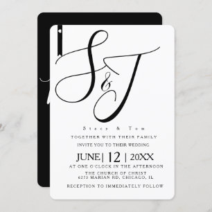 Minimalist Black and White Heart Monogrammed Invitation