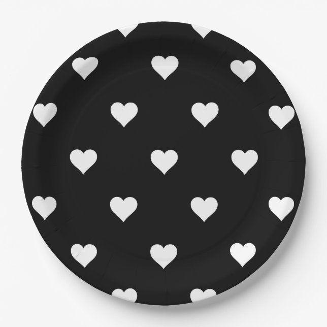Minimalist Black and White Heart Pattern Paper Plates (Front)