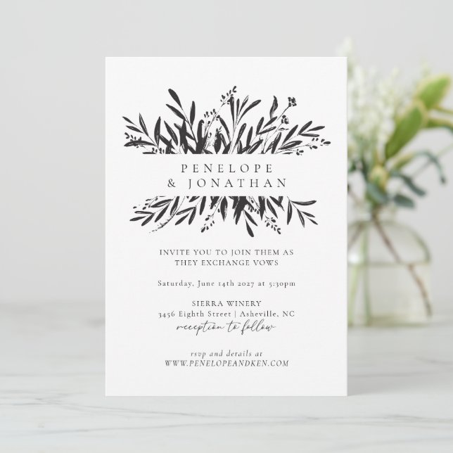 Minimalist Black and White Ink Botanical Wedding Invitation (Standing Front)