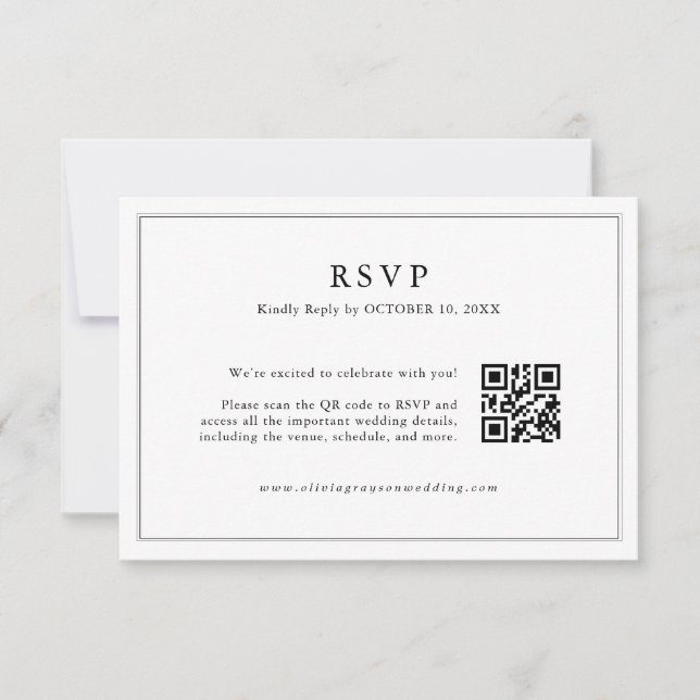 Minimalist Black and White Leaf Modern QR Code     RSVP Card (Front)