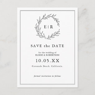 Minimalist Black and White Leaf Modern Wedding Postcard