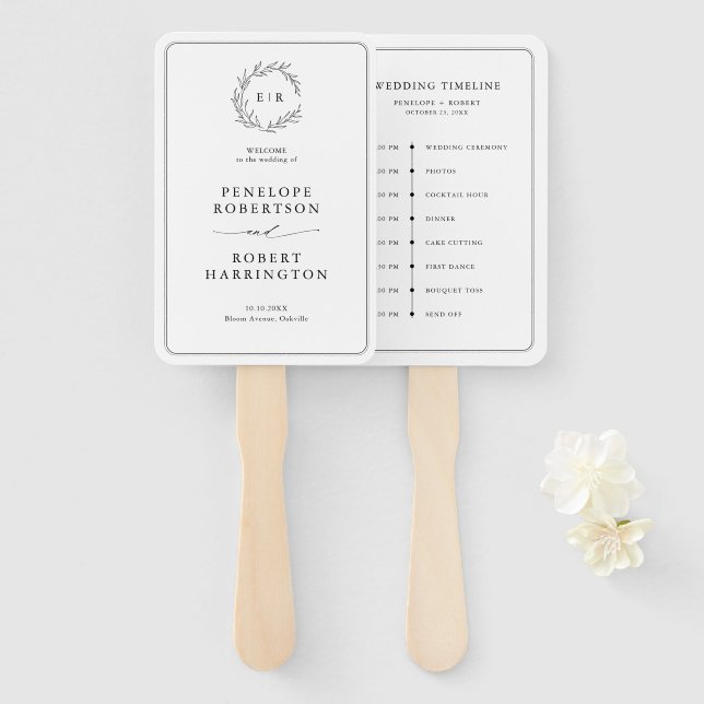 Minimalist Black and White Leaf Wedding Timeline Hand Fan (Front and Back)