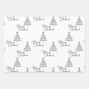 Minimalist Black And White Merry Christmas Tree  Wrapping Paper Sheets
