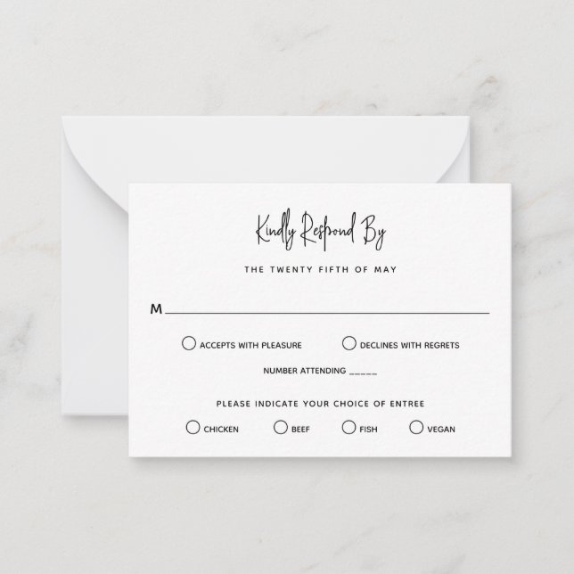 Minimalist Black and White Mini Wedding RSVP Note Card (Front)