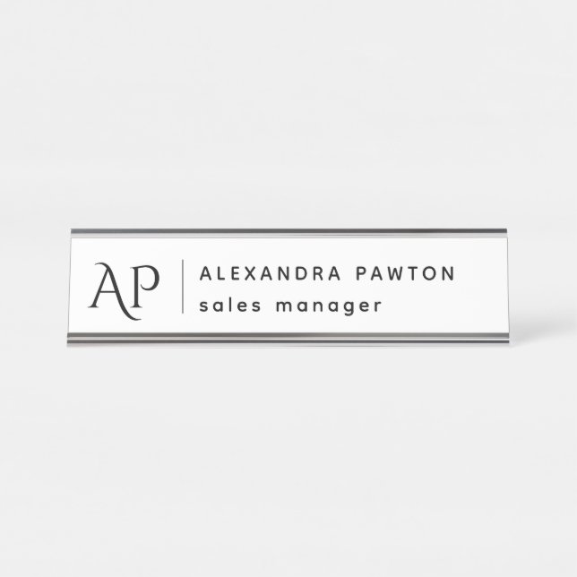 Minimalist Black and White Minimalist Monogram Desk Name Plate (Front)