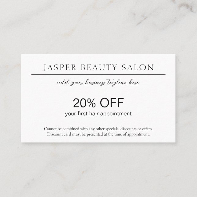 Minimalist Black and White Modern Discount Card (Front)