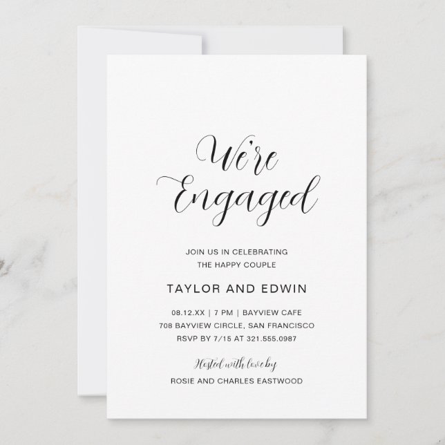 Minimalist Black and White Modern Engagement Party Invitation (Front)
