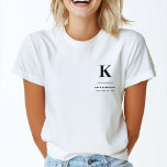 Minimalist Black and White Modern Monogram T-Shirt<br><div class="desc">A minimalist vertical design in an elegant style in monochrome black and white and large typographic initial monogram. The text can easily be customized for a design as unique as you are!</div>